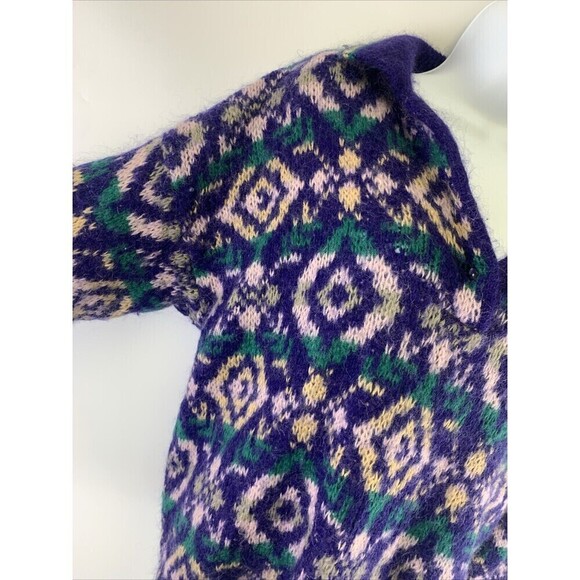 Benetton Sweater Collared Purple Green Pattern Pullover Button Wool Women Medium - Picture 5 of 15